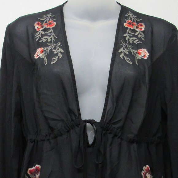Express Black Sheer Embroidered Deep V-Neck Babydoll Fairy Long Sleeve Blouse M - Picture 4 of 5